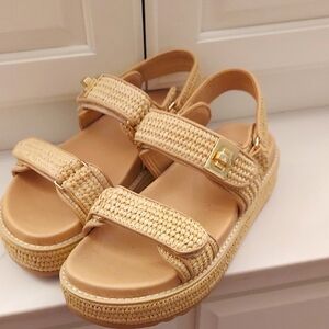 Stylish Tan Woven Sandals with Gold Buckle *BIG MONA*